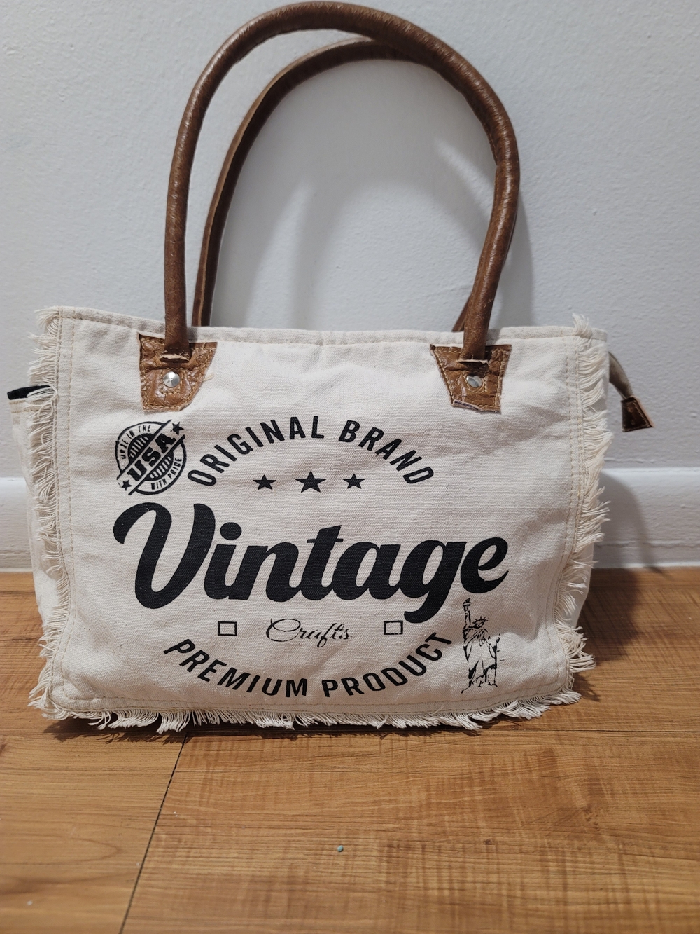 Vintage Canvas Tote Bag in Cream with Brown Handles